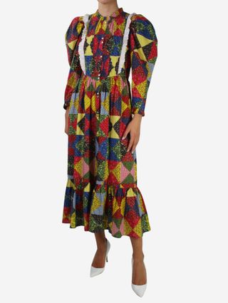 Doen + Multicoloured Long-Sleeved Patchwork Printed Button-Up Dress
