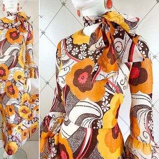 Vintage + 1970s Abstract Floral Paisley Print Maxi