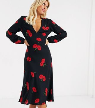 Musier + Long Sleeve Poppy Print Midi Dress