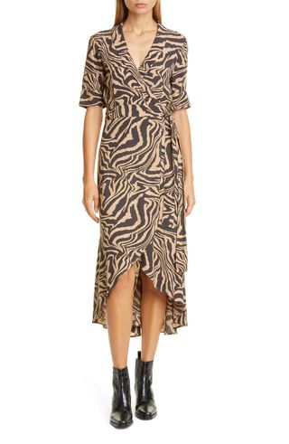 Ganni + Tiger Stripe Print Wrap Midi Dress