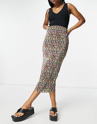ASOS + Plisse Midaxi Skirt in Bright Floral Print