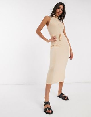 ASOS Design + High Neck Ribbed Midi Dress With Drawstring in Oatmeal Marl
