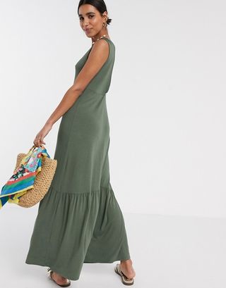 ASOS Design + V-Neck Maxi Dress With Full Pep Hem in Khaki