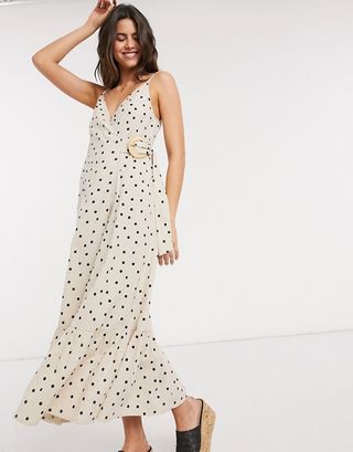 ASOS Design + Cami Wrap Maxi Dress in Linen With Wicker Belt in Spot