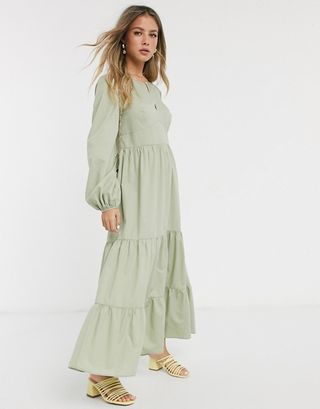 ASOS Design + Cotton Poplin Tiered Maxi Dress With Long Sleeves in Khaki