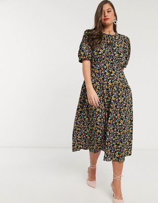 Asos Design Curve + Midi Tea Dress With Dropped Waist in Floral Print