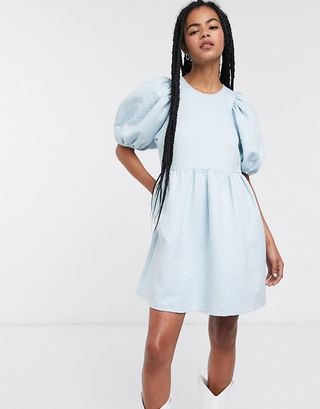 & Other Stories + Puff Sleeve Jacquard Mini Dress in Light Blue