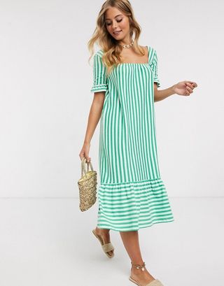 ASOS Design + Square Neck Frill Sleeve Midi Dress With Pep Hem in Green Stripe