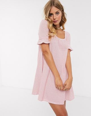 ASOS Design + Square Neck Frill Sleeve Smock Dress in Red and Cream Stripe