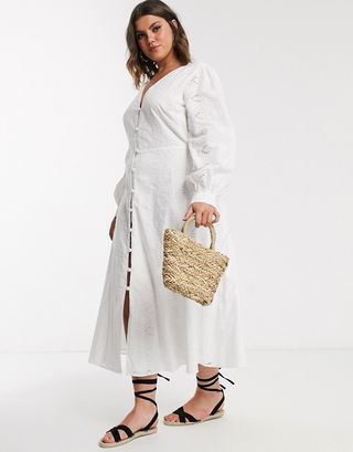 ASOS Design Curve + Broderie Button Through Midi Tea Dress in White