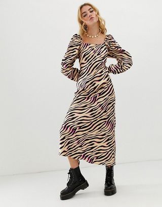 ASOS Design + Bias Cut Maxi Dress in Zebra Print With Long Sleeves