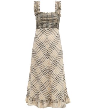 Ganni + Check-Print Shirred Seersucker Dress