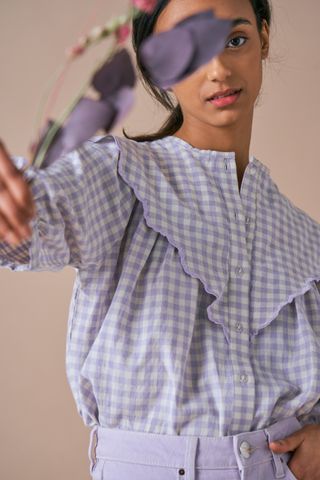 Seventy + Mochi + Valentine Blouse in Handwoven Lilac Gingham
