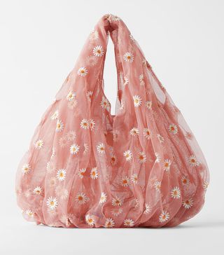 Zara + Embroidered Tulle Bucket Bag