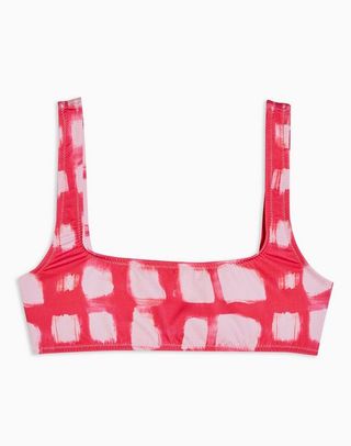 Topshop + Pink Check Square Neck Crop Bikini Top
