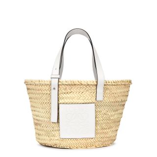 Loewe + Medium White Leather and Raffia Basket Bag