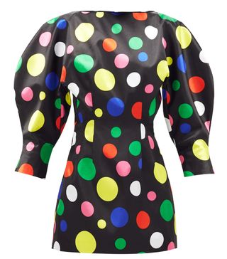 Elzinga + Balloon-Sleeve Polka-Dot Satin Mini Dress