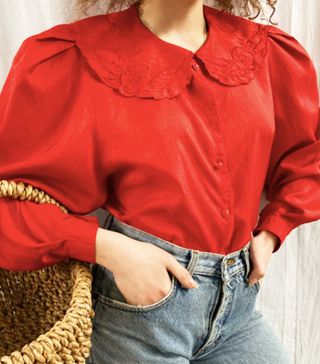 ASOS Marketplace + Vintage 80s Luxe Satin Milkmaid Puff Sleeve Blouse Top in Red