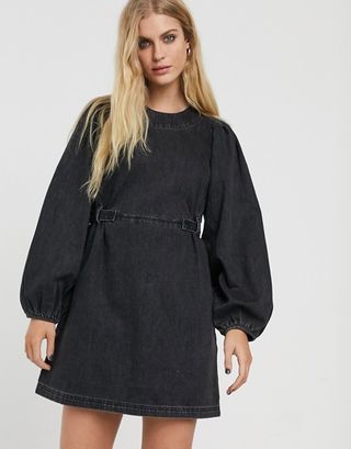 & Other Stories + Denim Balloon Sleeve Mini Dress in Washed Black