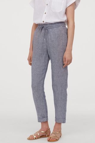 H&M + Linen Joggers in Blue/Narrow-Striped