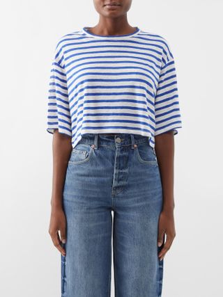 Frame + Striped Organic-Linen Cropped T-Shirt