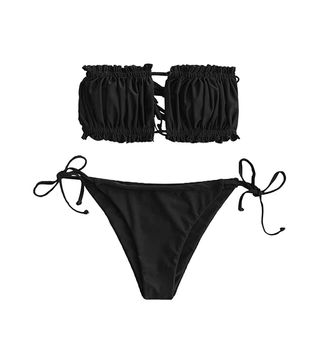 Zaful + Strapless Ribbed Tie Back Ruffle Cutout Bandeau Bikini Set Swimsuit