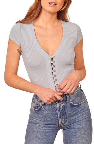 Reformation + Nella Button Front Ribbed V-Neck Top