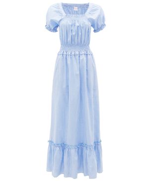 Loretta Caponi + Stefiana Gingham Shirred Puff-Sleeve Cotton Dress