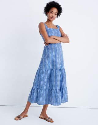 Madewell + Embroidered Button-Back Tiered Sundress