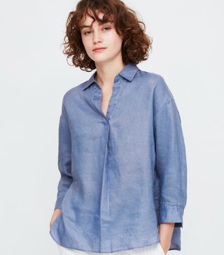Uniqlo + 100% Premium Linen Skipper Collar 3/4 Sleeved Shirt