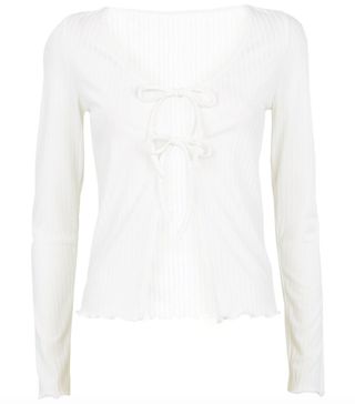 New Look + Off White Ribbed Tie Front Lattice Trim Top