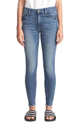 Mother + The Looker High Waist Frayed Ankle Skinny Jeans