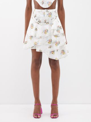 Yuhan Wang + Floral-Print Tiered Denim Skirt