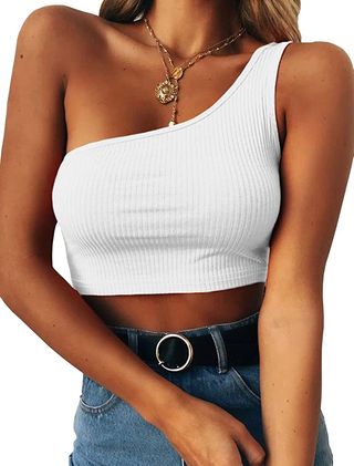 Prettoday + Sleeveless Crop Tops Sexy One Shoulder Strappy Tee