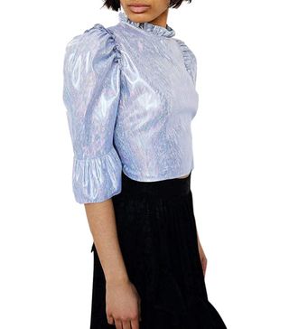 Batsheva + Simple Ruffle Crop Top in Silver Holographic Lamé With Puff Sleeves