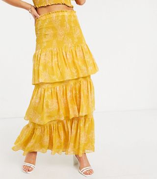Forever New + Tiered Ruffle Maxi Skirt Co Ord in Mustard Floral