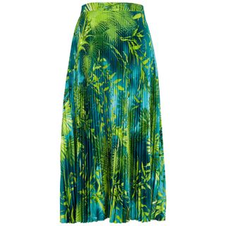 Versace + Palm Leaf-Print Pleated Satin Midi Skirt