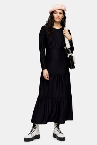Topshop + Black Long Sleeve Tiered Midi Dress