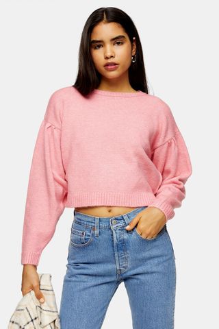 Topshop + Pink Pleated Shoulder Cropped Knitted Sweater