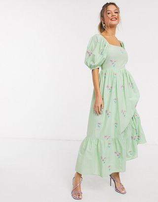 ASOS + All Over Embroidered Cotton Midi Dress With Lace-Up Back in Green