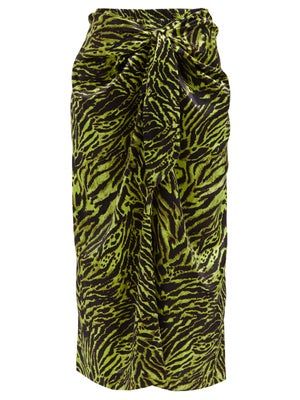 Ganni + Knotted Tiger-Print Silk-Blend Midi Skirt