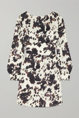 AlexaChung + Gathered Cow-Print Satin-Twill Mini Dress