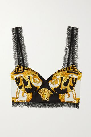 Versace + Lace-Trimmed Printed Silk-Twill Bustier Top