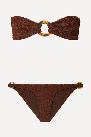 Hunza G + Gloria embellished seersucker bandeau bikini