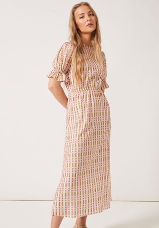 Phoebe Grace + Tilly Round Necked Midaxi Puff Sleeved Dress Pink Check