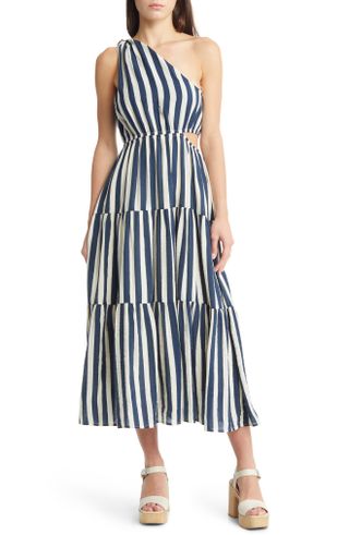 Moon River + Stripe One-Shoulder Cutout Midi Dress