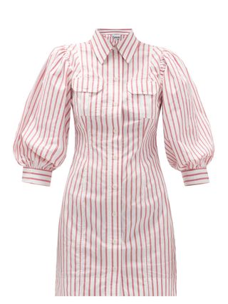 Ganni + Balloon-Sleeve Striped Cotton-Oplin Mini Dress