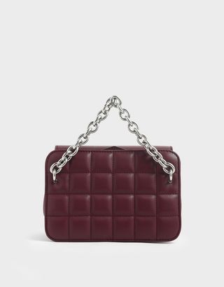 Charles & Keith + Burgundy Chunky Chain Strap Quilted Shoulder Bag
