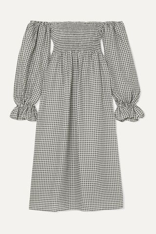 Sleeper + Off-the-Shoulder Shirred Gingham Linen Midi Dress