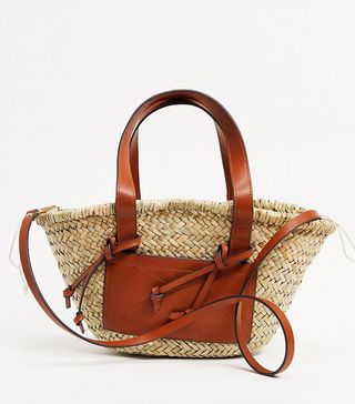 Mango + Straw Bag With Front Panel in Tan